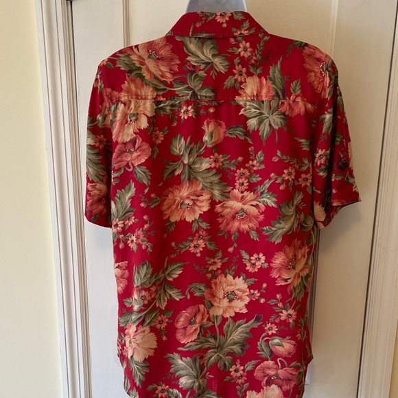 LRL Linen Floral Button Down Camp Shirt Women’s Medium Cottagecore Red Green - Picture 5 of 16